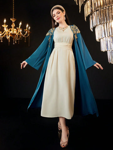 Women'S Floral Embellished Bell Sleeve Jacket And Dress