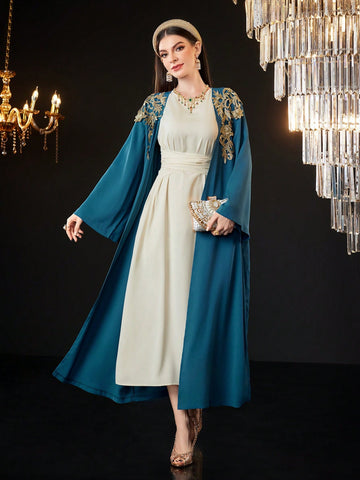 Women'S Floral Embellished Bell Sleeve Jacket And Dress