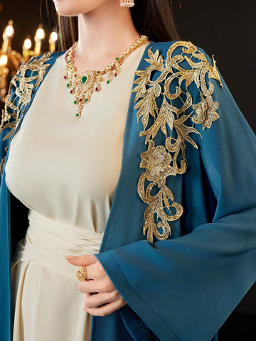 Women'S Floral Embellished Bell Sleeve Jacket And Dress