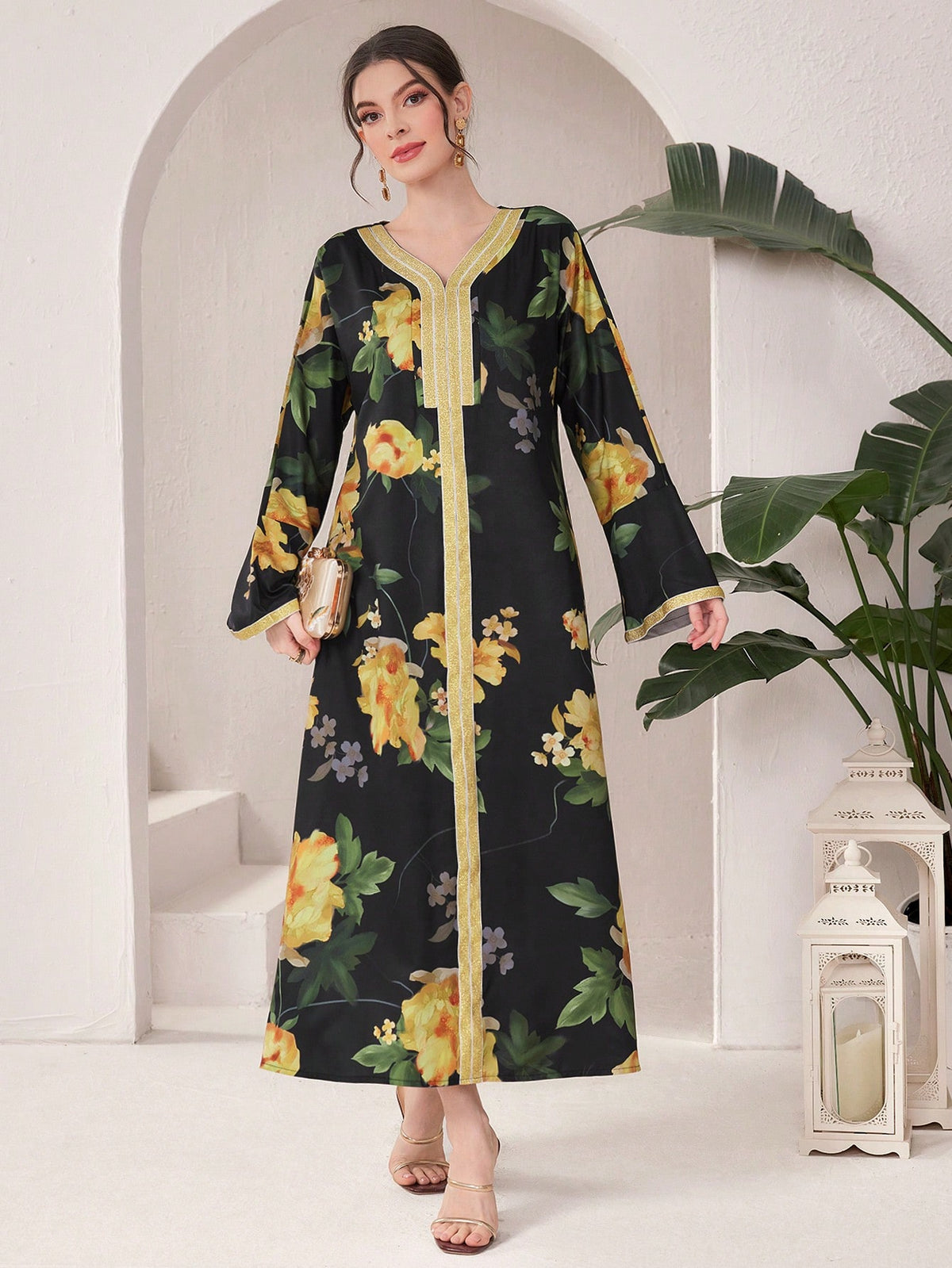 Women'S Floral Print V-Neck Long Sleeve Dress