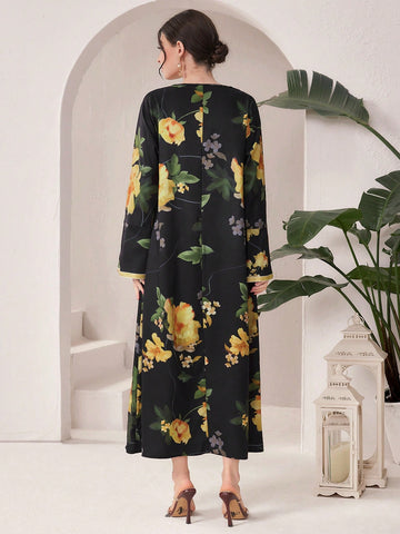 Women'S Floral Print V-Neck Long Sleeve Dress