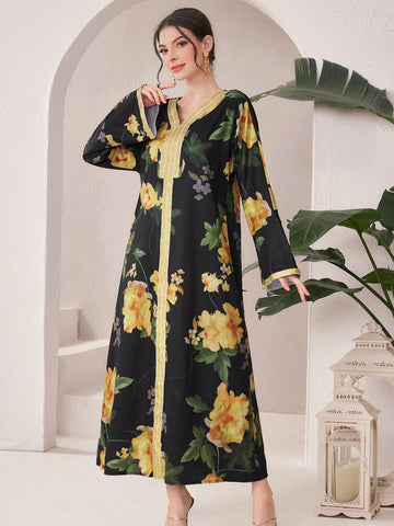 Women'S Floral Print V-Neck Long Sleeve Dress
