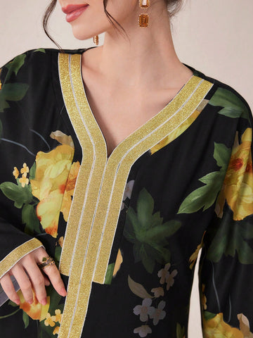 Women'S Floral Print V-Neck Long Sleeve Dress