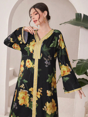 Women'S Floral Print V-Neck Long Sleeve Dress