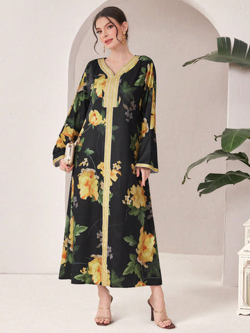 Women'S Floral Print V-Neck Long Sleeve Dress