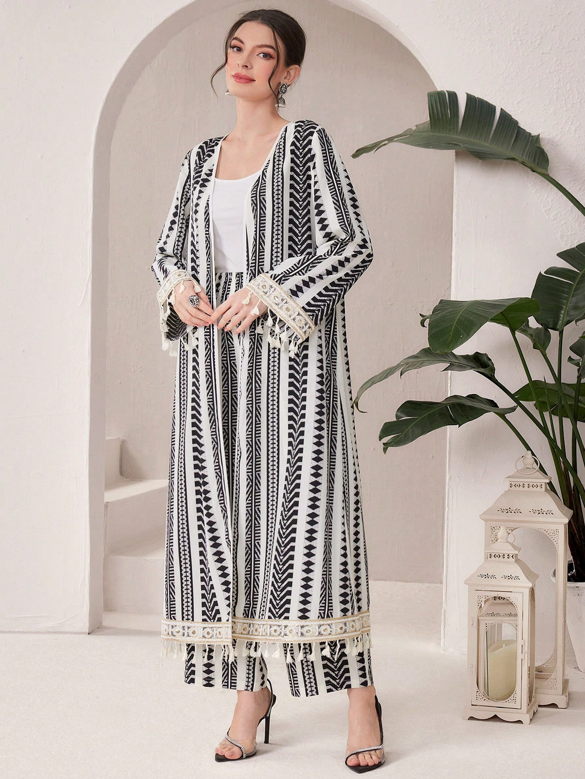 Women'S Geometric Printed Patchwork Fringed Cuff Jacket And Pants Set