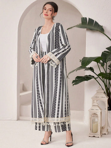 Women'S Geometric Printed Patchwork Fringed Cuff Jacket And Pants Set