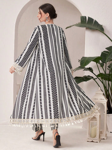 Women'S Geometric Printed Patchwork Fringed Cuff Jacket And Pants Set
