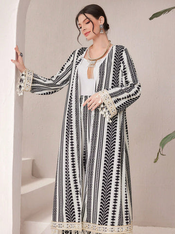 Women'S Geometric Printed Patchwork Fringed Cuff Jacket And Pants Set