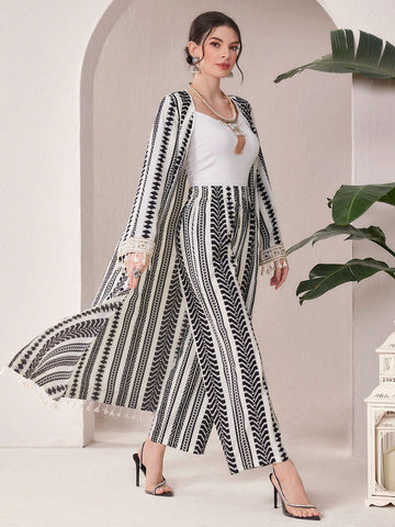 Women'S Geometric Printed Patchwork Fringed Cuff Jacket And Pants Set