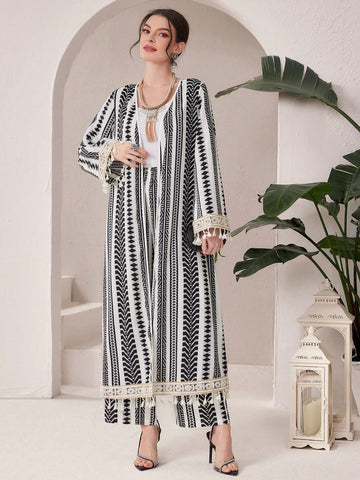 Women'S Geometric Printed Patchwork Fringed Cuff Jacket And Pants Set
