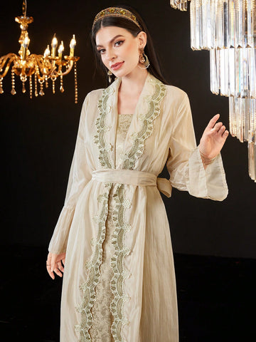 Women'S Jacquard Cami Dress With Water Soluble Lace Splice Jacket, 2pcs/Set
