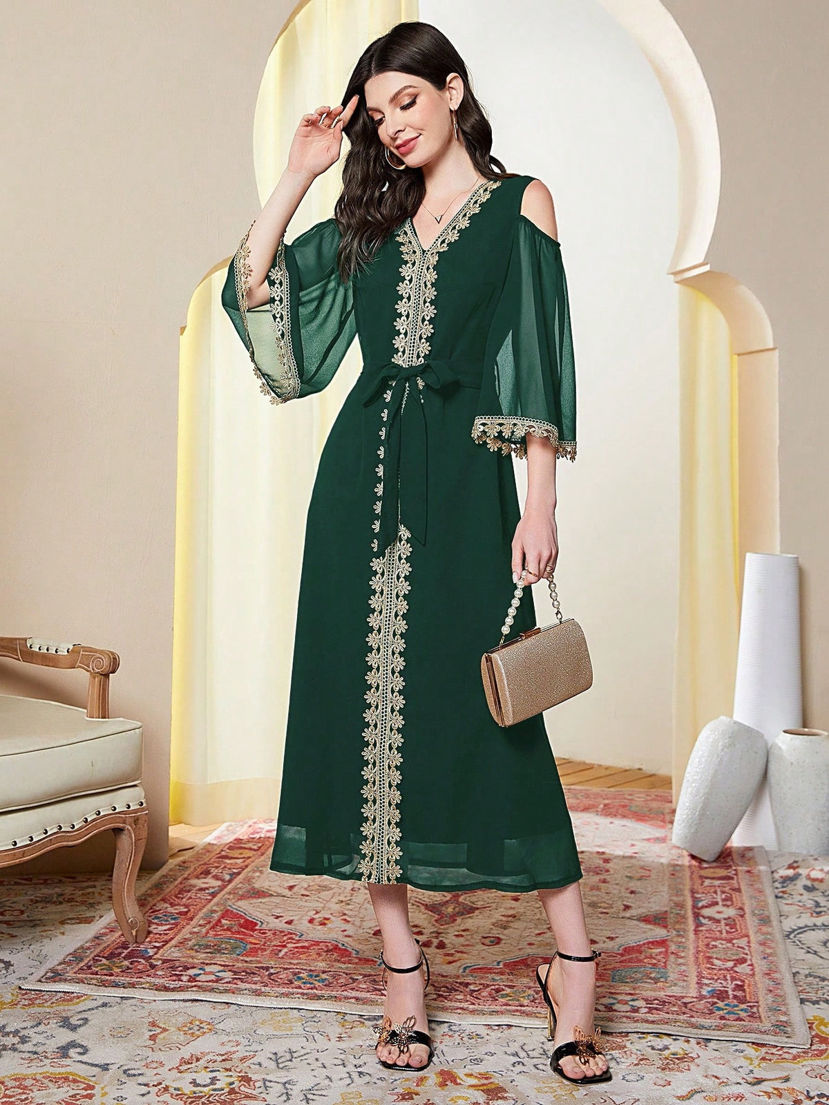 Women'S Off Shoulder Dress With Gold Embroidered Edge