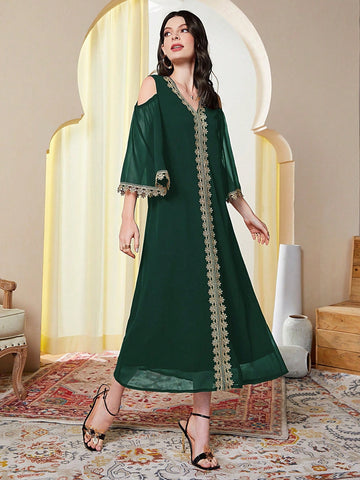 Women'S Off Shoulder Dress With Gold Embroidered Edge