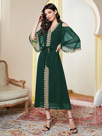 Women'S Off Shoulder Dress With Gold Embroidered Edge