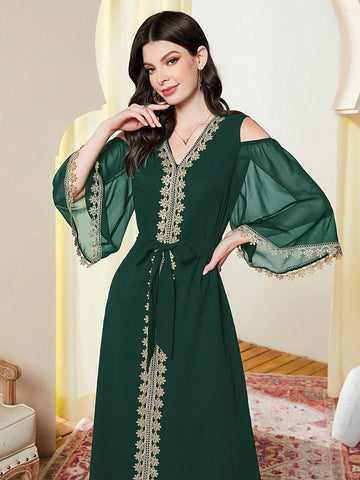 Women'S Off Shoulder Dress With Gold Embroidered Edge