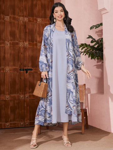 Women'S Solid Color Dress With Marble Print Jacket Two Piece Set