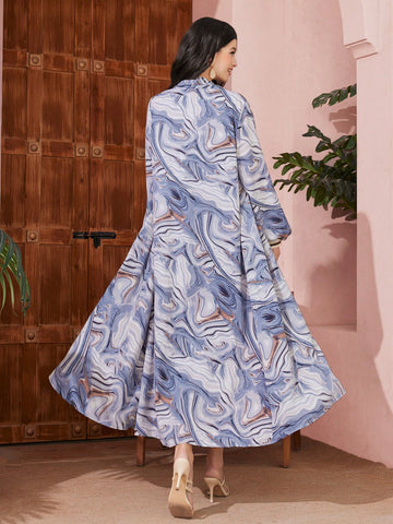 Women'S Solid Color Dress With Marble Print Jacket Two Piece Set
