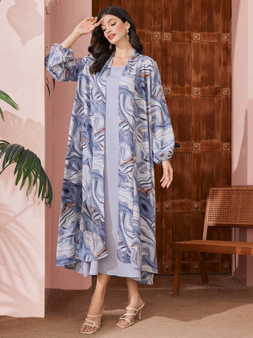 Women'S Solid Color Dress With Marble Print Jacket Two Piece Set