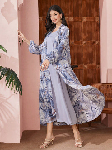 Women'S Solid Color Dress With Marble Print Jacket Two Piece Set