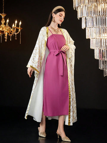 Women's Belted Cami Dress And Long Sleeve Coat Set