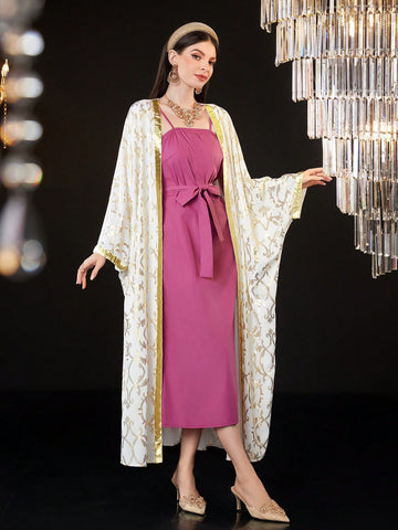 Women's Belted Cami Dress And Long Sleeve Coat Set