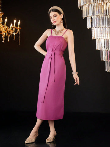 Women's Belted Cami Dress And Long Sleeve Coat Set