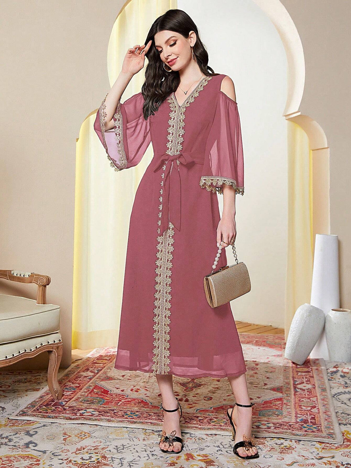 Women's Color Blocking V-Neck Off Shoulder Summer Dress