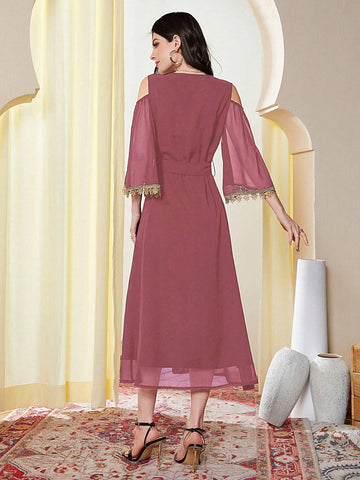 Women's Color Blocking V-Neck Off Shoulder Summer Dress