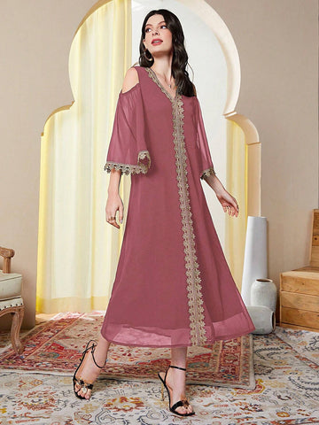Women's Color Blocking V-Neck Off Shoulder Summer Dress