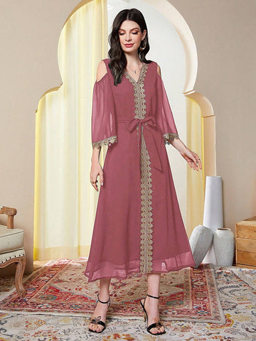 Women's Color Blocking V-Neck Off Shoulder Summer Dress