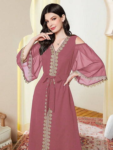 Women's Color Blocking V-Neck Off Shoulder Summer Dress