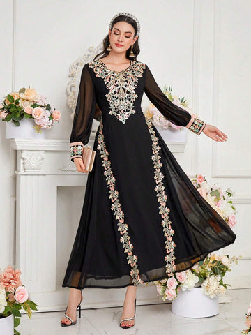 Women's Embroidered Floral Patchwork V-Neck Long Sleeve Dress