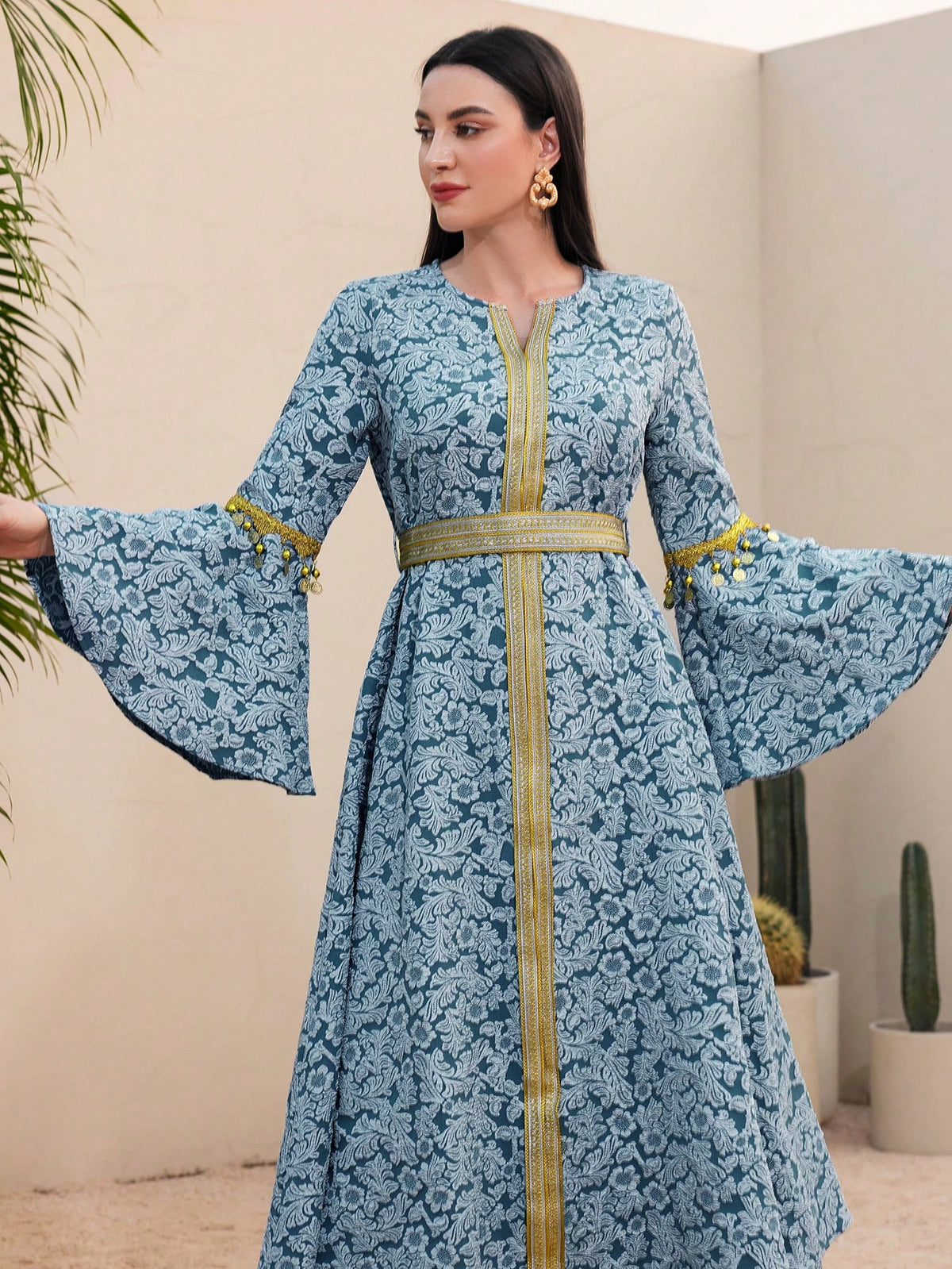 Women's Floral Jacquard Patchwork Weave Ribbon Bell Sleeve Dress