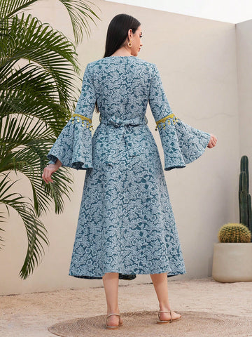 Women's Floral Jacquard Patchwork Weave Ribbon Bell Sleeve Dress