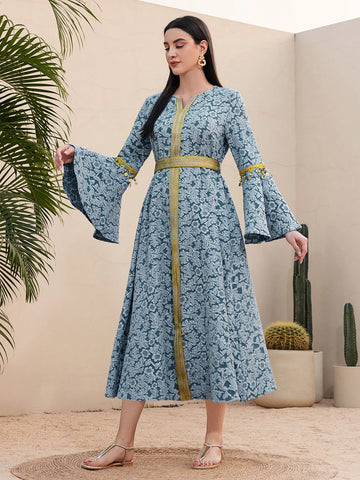 Women's Floral Jacquard Patchwork Weave Ribbon Bell Sleeve Dress