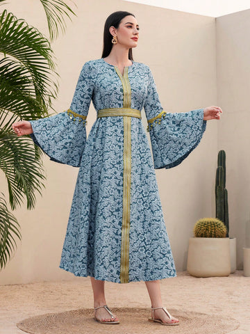 Women's Floral Jacquard Patchwork Weave Ribbon Bell Sleeve Dress