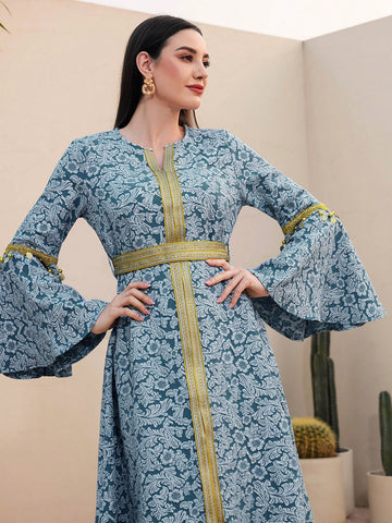 Women's Floral Jacquard Patchwork Weave Ribbon Bell Sleeve Dress