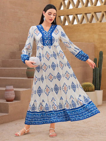 Women's Floral Printed Lantern Sleeve Dress