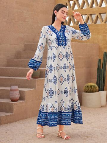 Women's Floral Printed Lantern Sleeve Dress