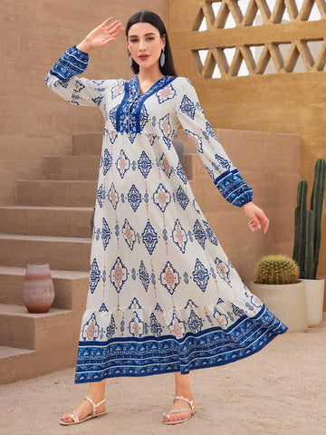 Women's Floral Printed Lantern Sleeve Dress