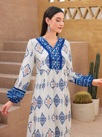 Women's Floral Printed Lantern Sleeve Dress
