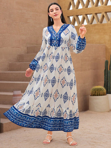 Women's Floral Printed Lantern Sleeve Dress