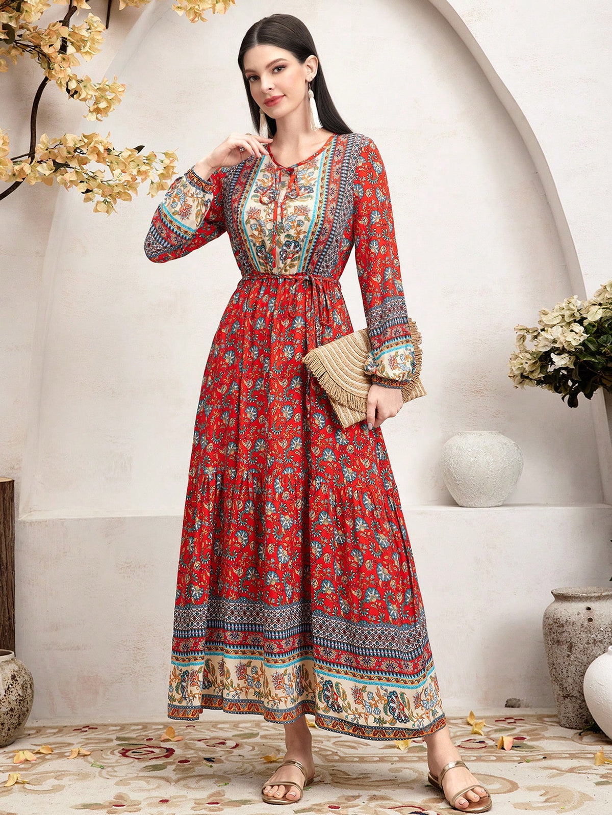 Women's Geometric Pattern Lantern Sleeve Dress
