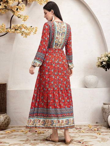 Women's Geometric Pattern Lantern Sleeve Dress
