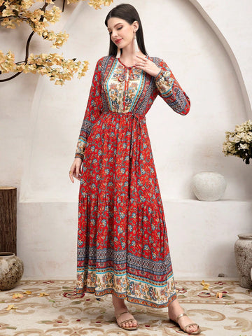 Women's Geometric Pattern Lantern Sleeve Dress