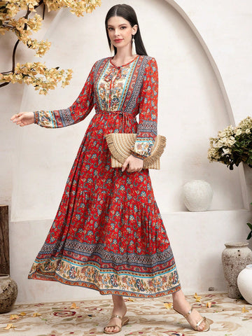 Women's Geometric Pattern Lantern Sleeve Dress