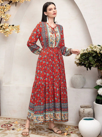 Women's Geometric Pattern Lantern Sleeve Dress