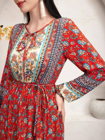 Women's Geometric Pattern Lantern Sleeve Dress