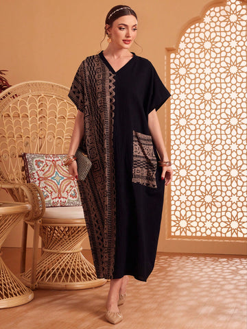 Women's Geometric Pattern V-neck Batwing Sleeve Dress